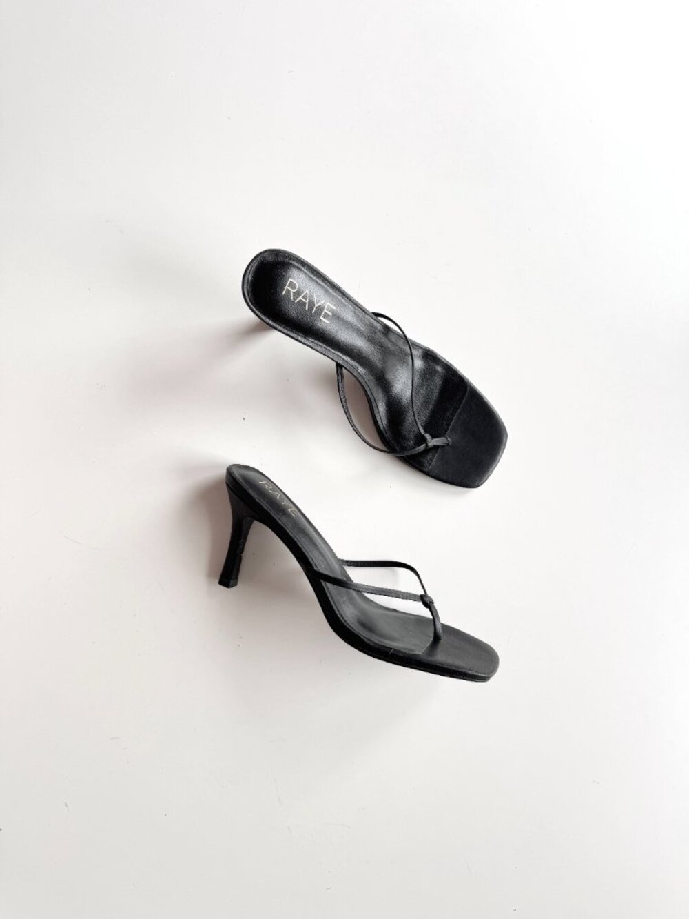 NWOB RAYE Kimme Black Leather Thong Stiletto Heel Sandals, Size 5.5